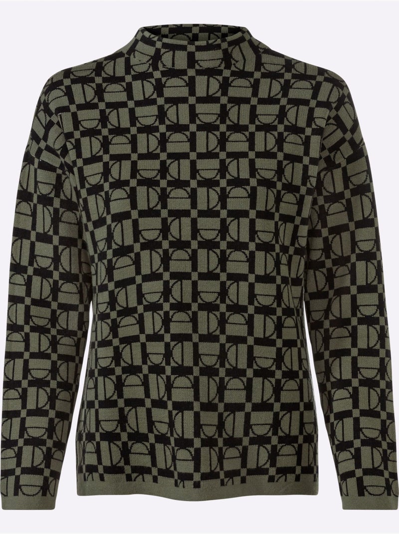 Pull à col montant motif graphique - taille standard - helline Noir Kaki - Kiabi