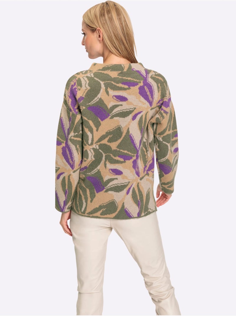 Pull à Col Montant Motif Jacquard Tendance - Taille Standard - Helline Beige/Vert - Kiabi