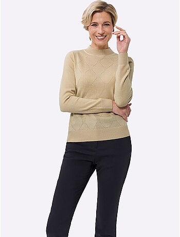 Pull à col montant avec motif losanges tricoté et finitions côtelées - Taille standard - Moda Vilona