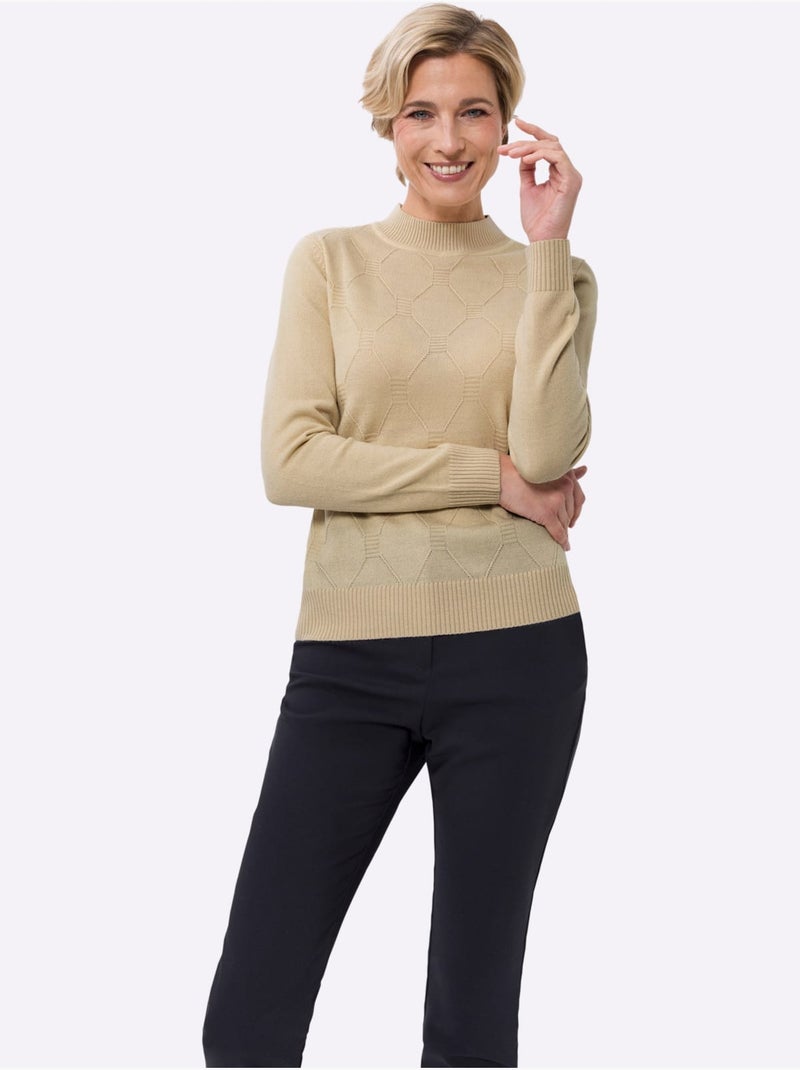 Pull à Col Montant Motif Tricoté Décoratif - Taille Standard - Moda Vilona Sable - Kiabi