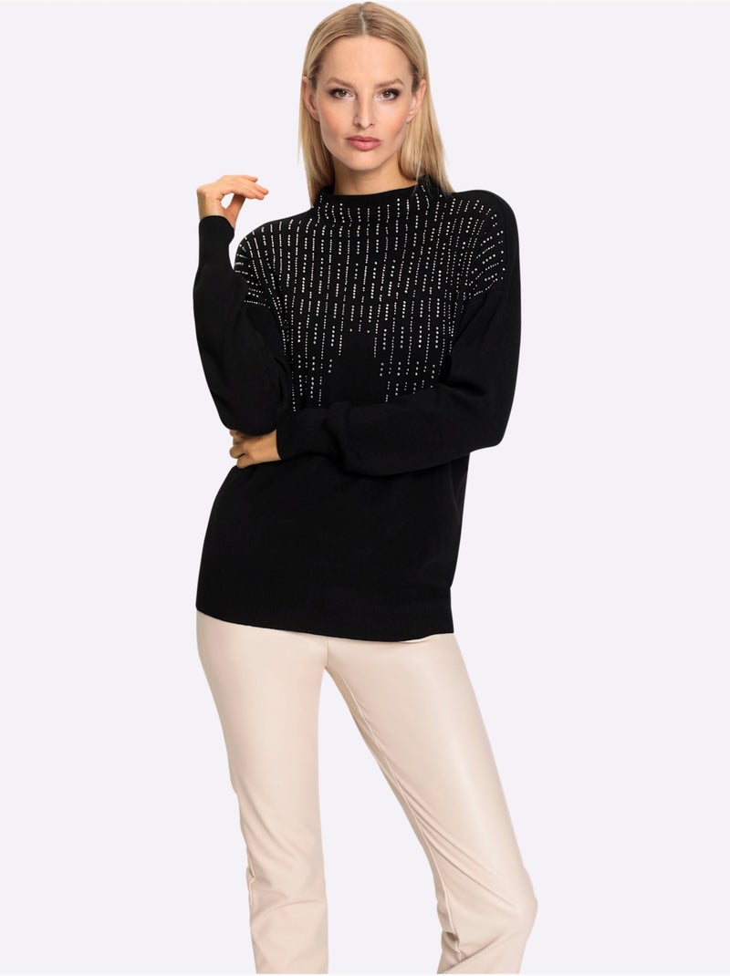 Pull à Col Montant Petites Pierres Brillantes Fantaisie - Taille Standard - Helline Noir - Kiabi