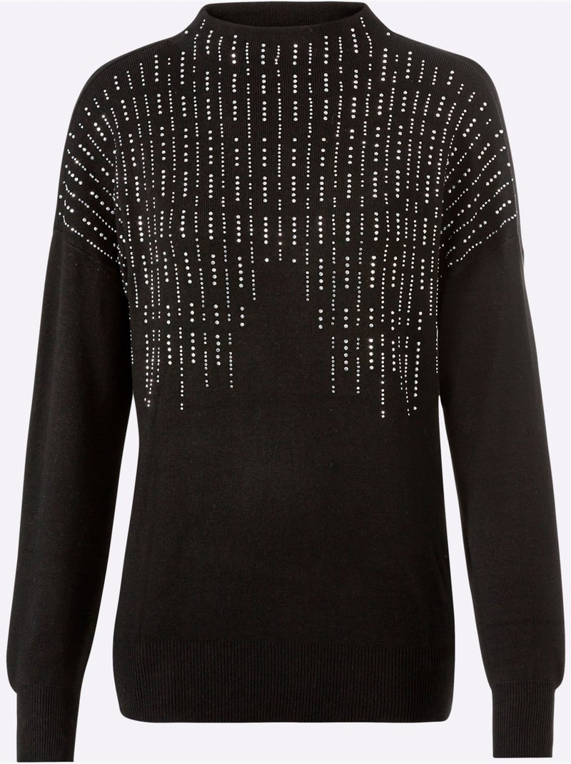 Pull à Col Montant Petites Pierres Brillantes Fantaisie - Taille Standard - Helline Noir - Kiabi