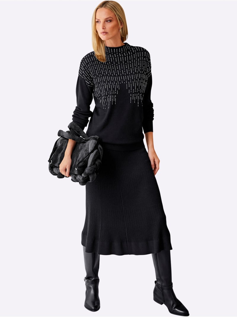 Pull à Col Montant Petites Pierres Brillantes Fantaisie - Taille Standard - Helline Noir - Kiabi