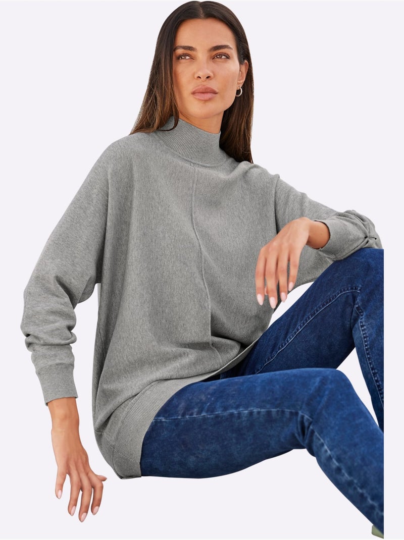 Pull à Col Montant Pur Coton - Taille Standard - Helline Gris chiné - Kiabi