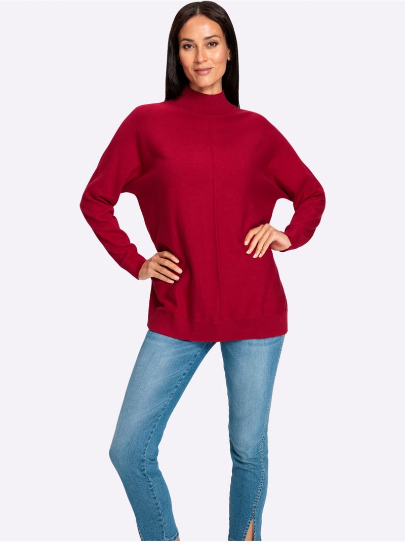 Pull à Col Montant Pur Coton - Taille Standard - Helline Rouge - Kiabi