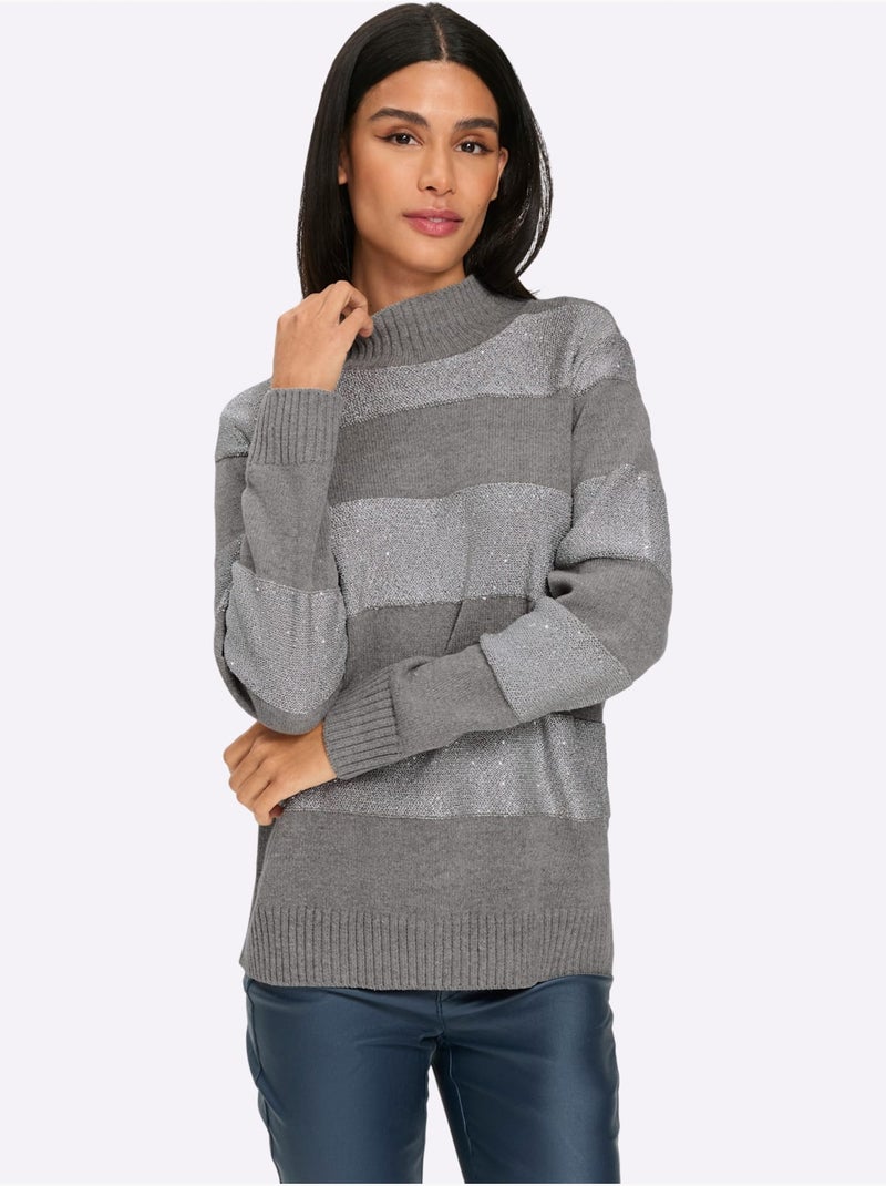 Pull à Col Montant Rayures Tendance - Taille Standard - Helline Gris chiné - Kiabi
