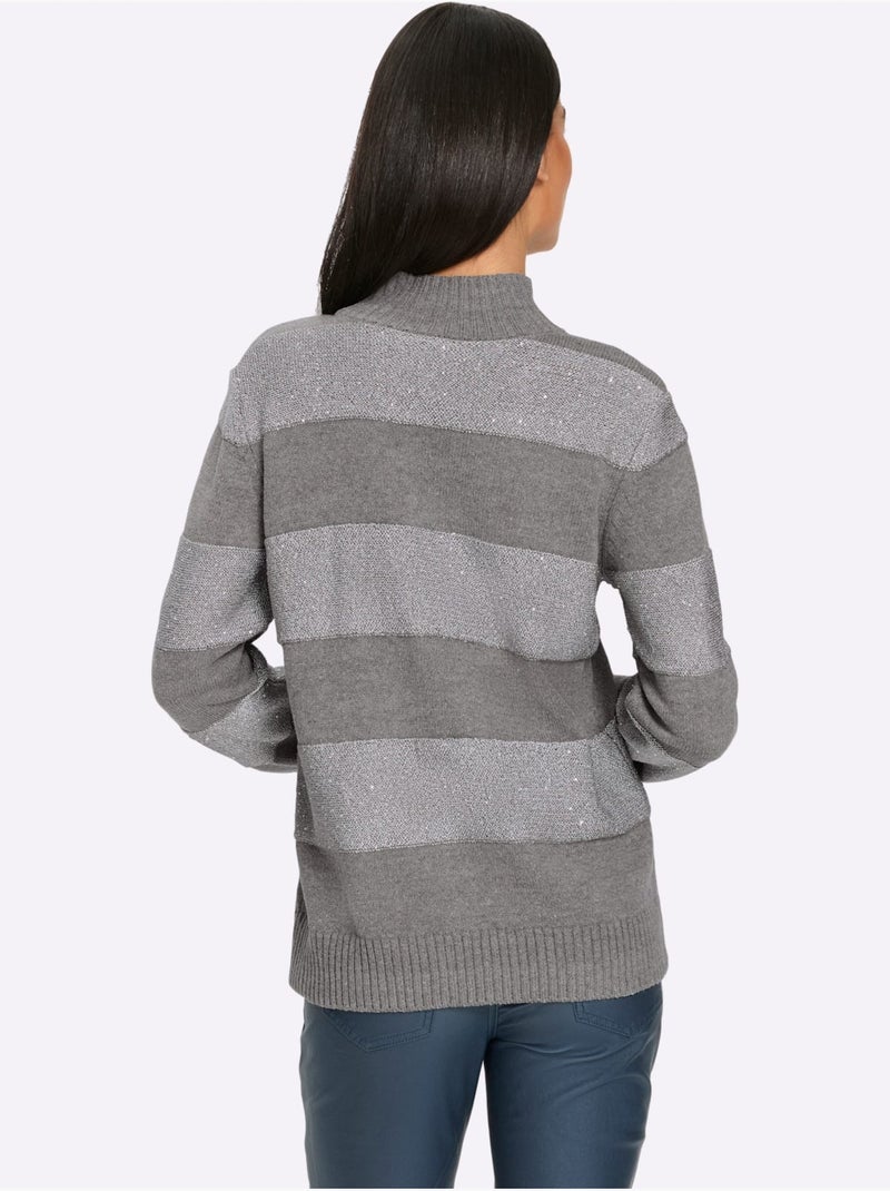 Pull à Col Montant Rayures Tendance - Taille Standard - Helline Gris chiné - Kiabi