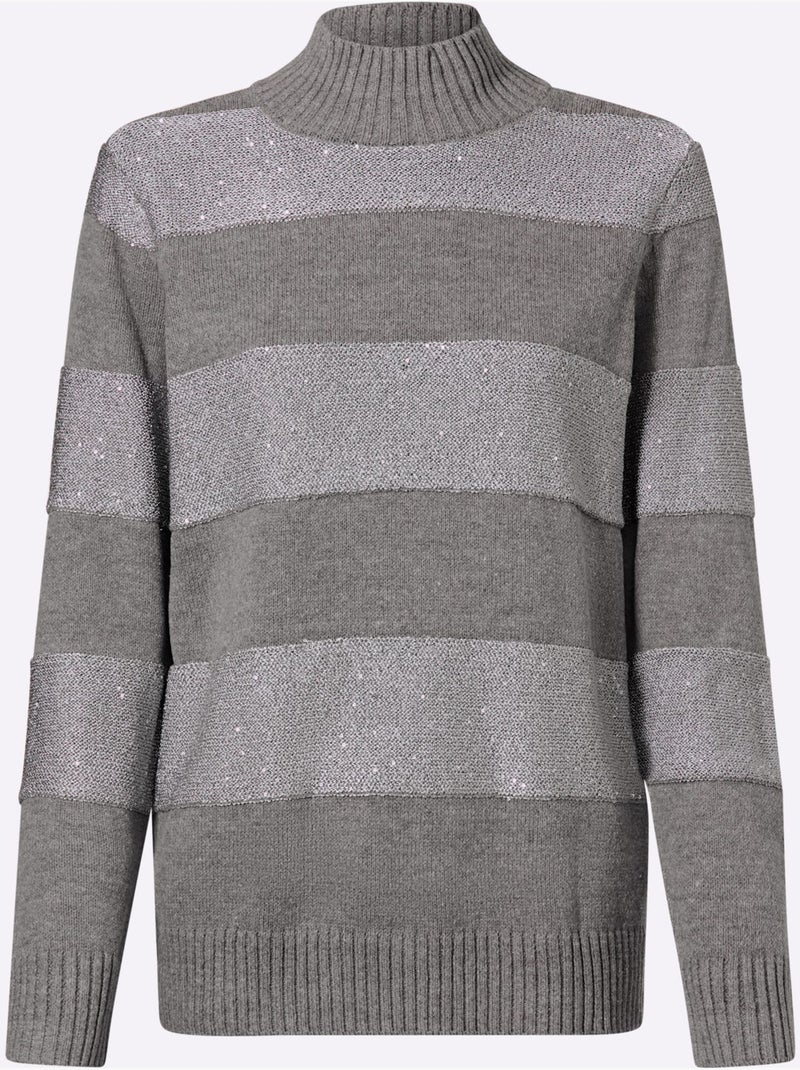 Pull à Col Montant Rayures Tendance - Taille Standard - Helline Gris chiné - Kiabi