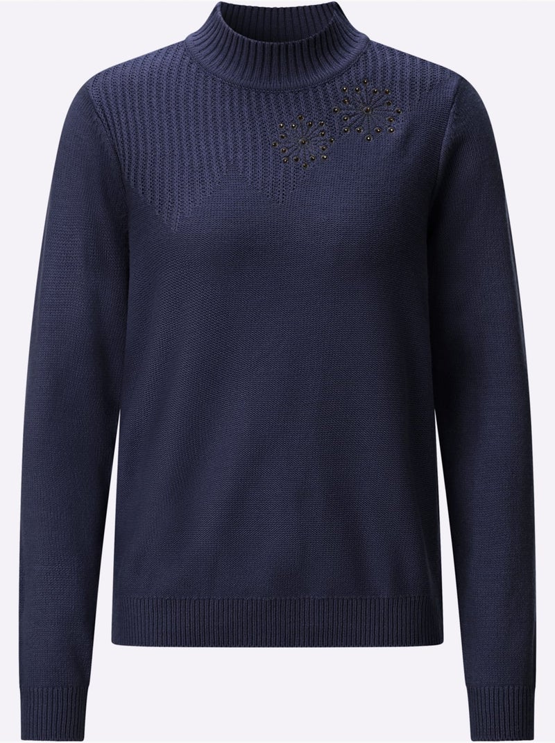 Pull à Col Montant Superbe Broderie Florale - Taille Standard - Witt Bleu marine - Kiabi