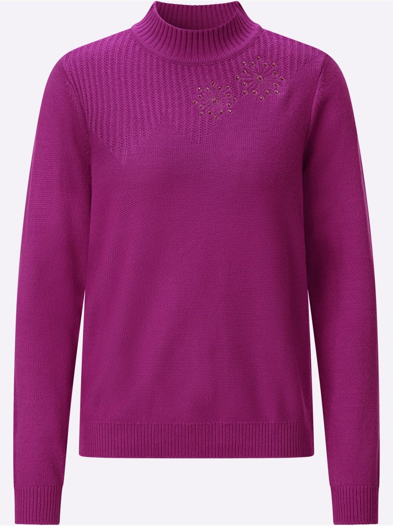 Pull à Col Montant Superbe Broderie Florale - Taille Standard - Witt Magenta - Kiabi