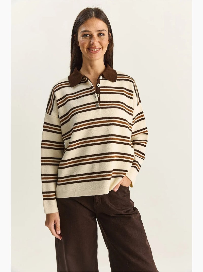 Pull à col polo rayé lucci Crème - Kiabi