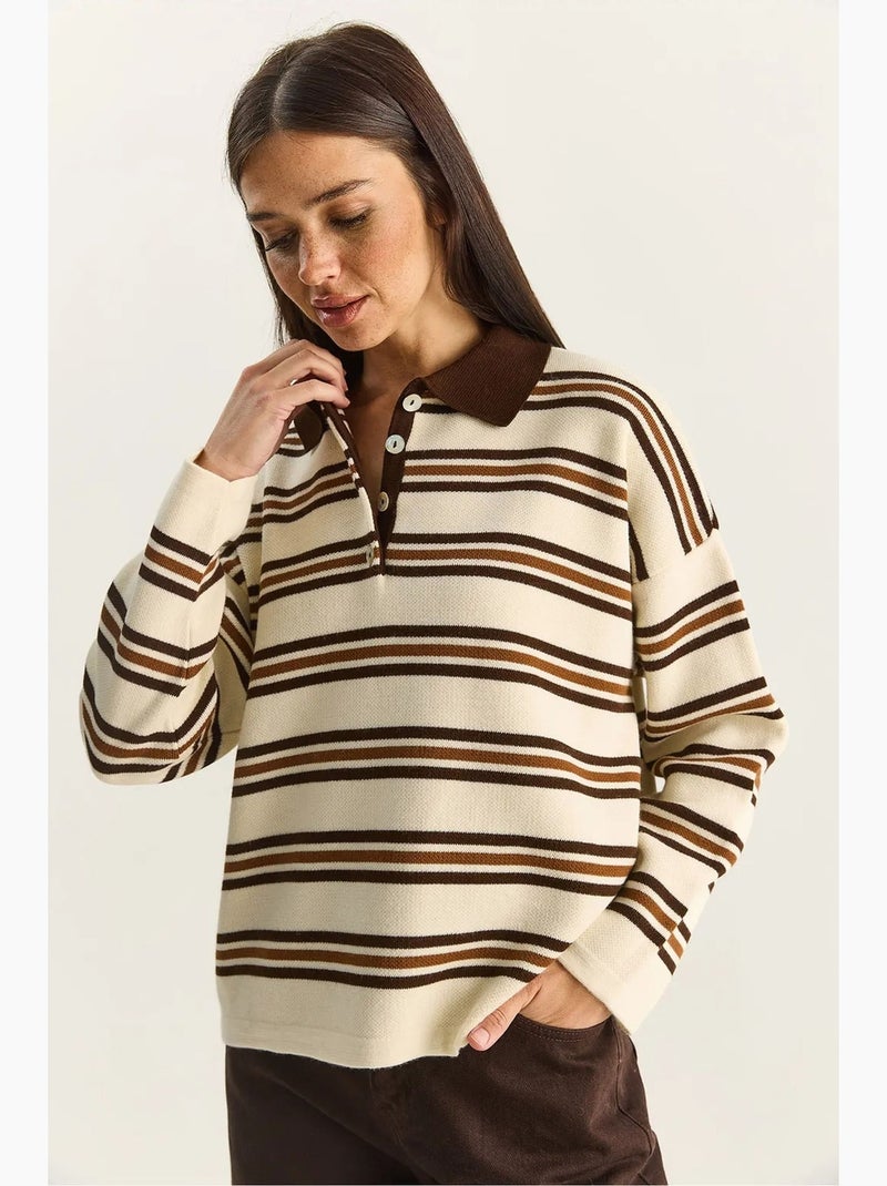 Pull à col polo rayé lucci Crème - Kiabi