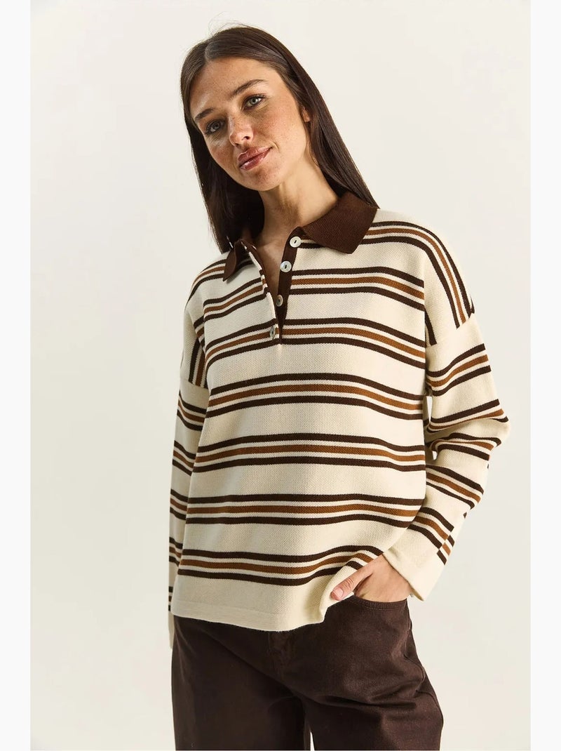 Pull à col polo rayé lucci Crème - Kiabi