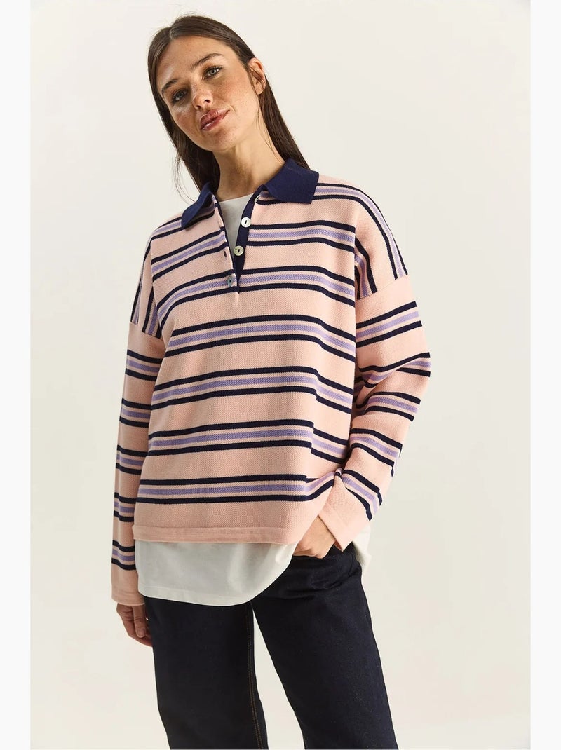 Pull à col polo rayé lucci Rose clair - Kiabi