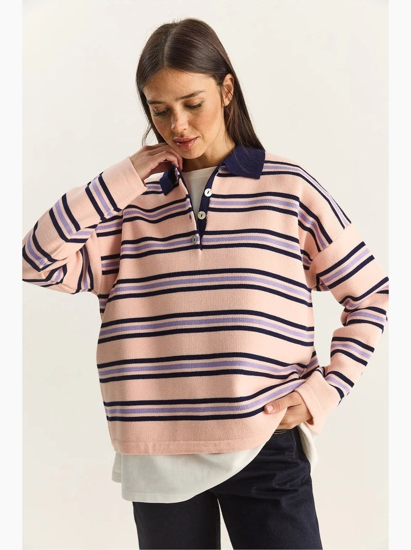 Pull à col polo rayé lucci Rose clair - Kiabi