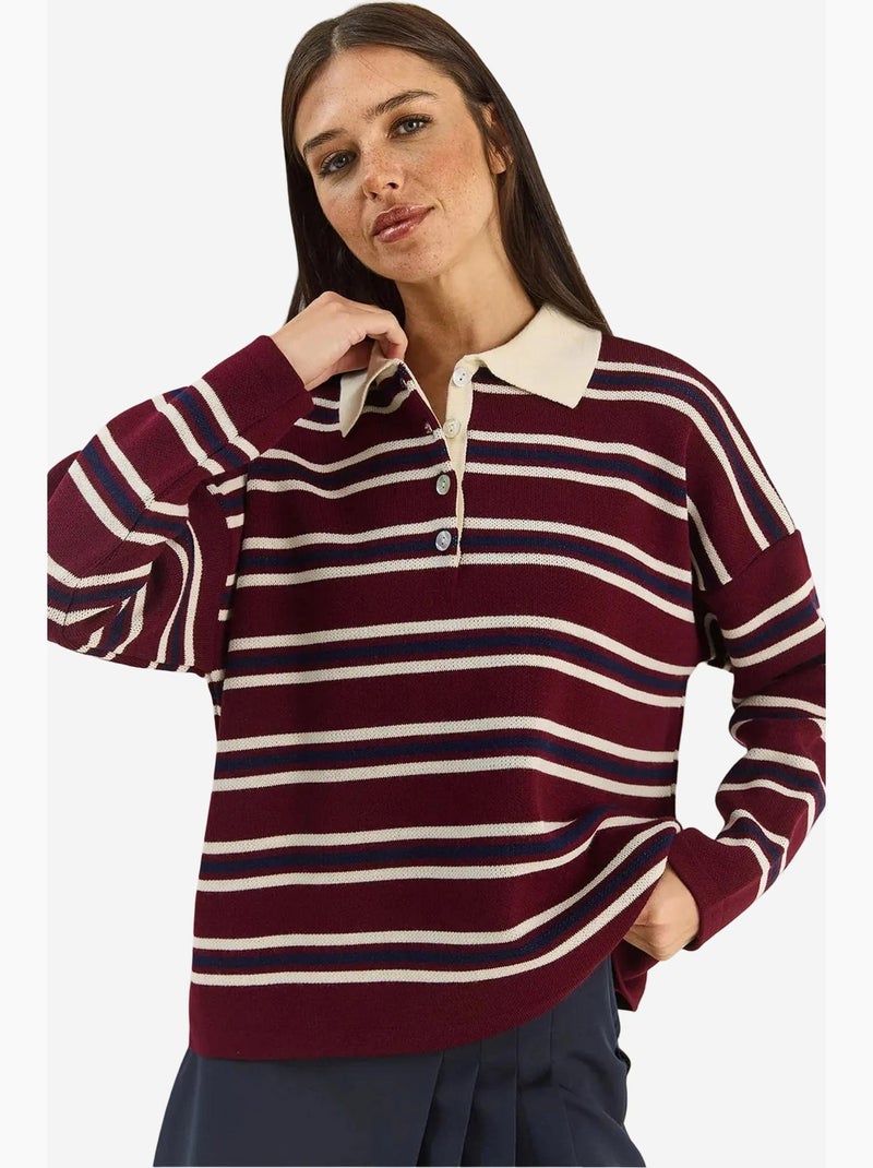 Pull à col polo rayé lucci Rouge bordeaux - Kiabi