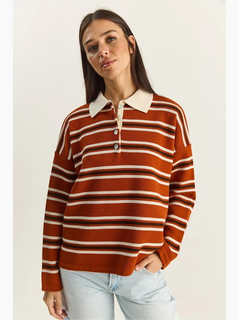 Pull à col polo rayé lucci Terracotta - Kiabi