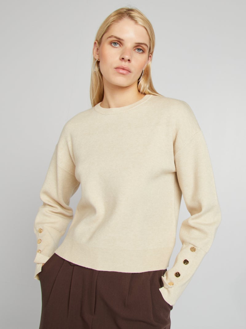 Pull à col rond avec boutons aux manches Beige - Kiabi
