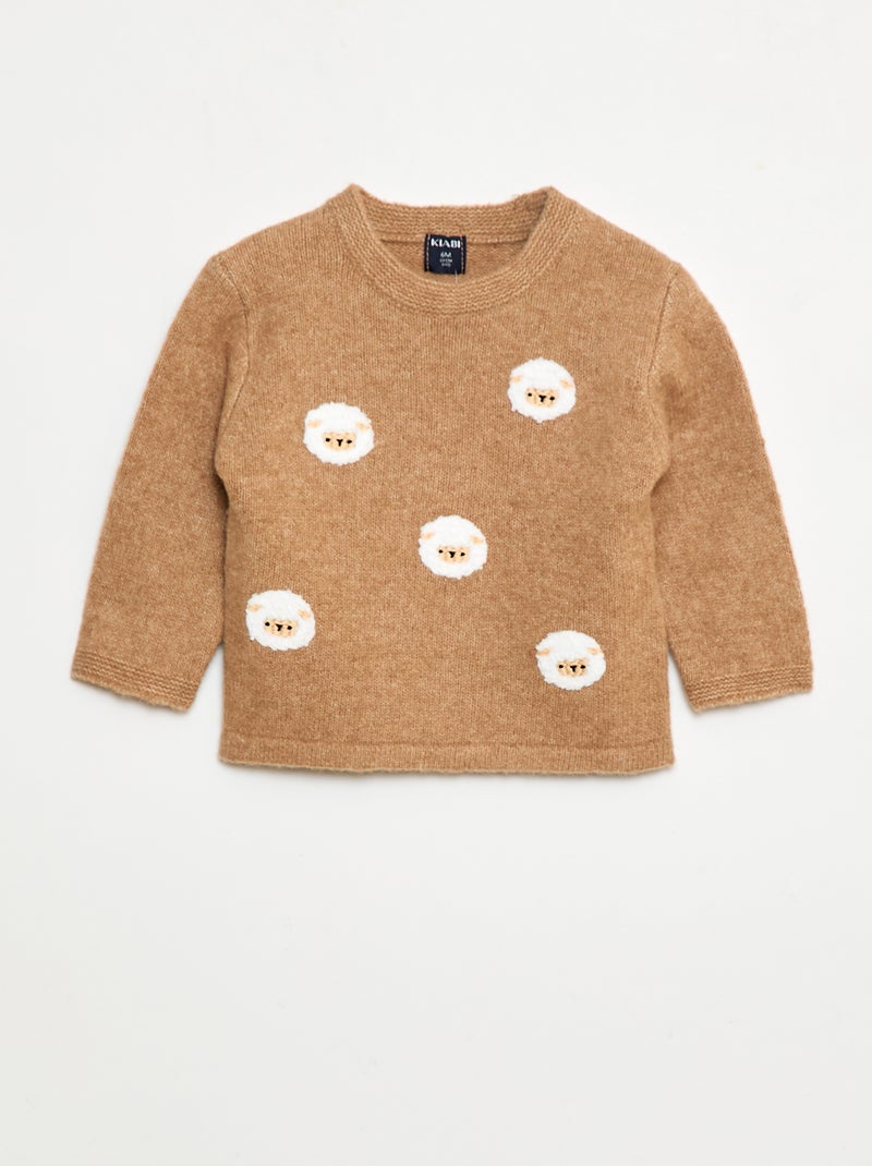 Pull à col rond avec broderies Beige - Kiabi