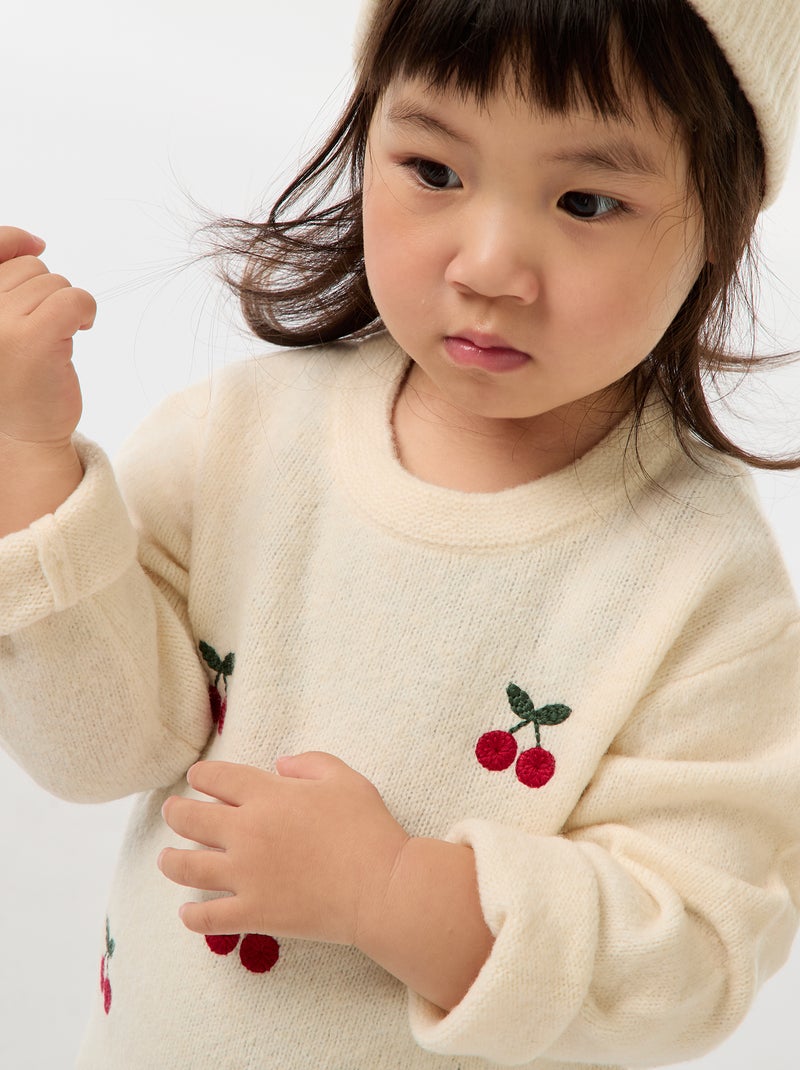 Pull à col rond avec broderies Blanc - Kiabi