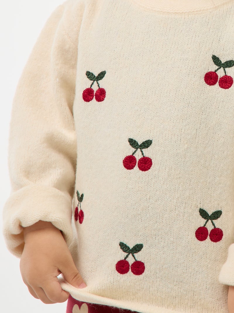 Pull à col rond avec broderies Blanc - Kiabi