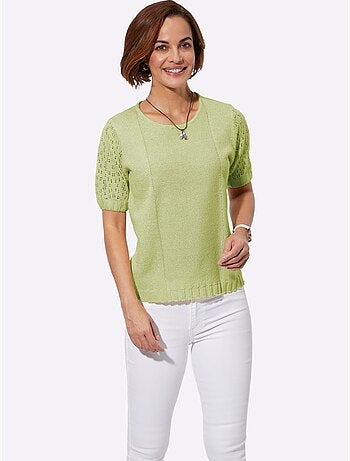 Pull à col rond avec manches courtes ajourées et finition côtelée - Taille standard - Witt