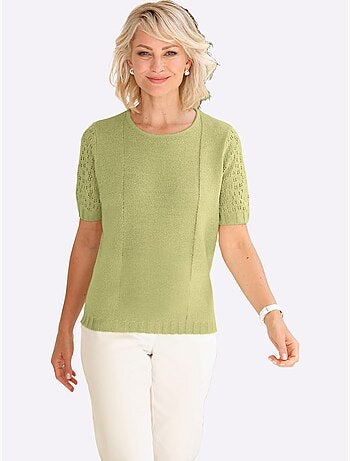 Pull à col rond avec manches courtes ajourées et finition côtelée - Taille standard - Witt