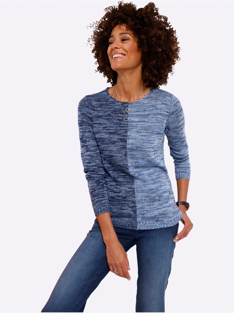 Pull à col rond avec manches longues et maille chinée - Taille standard - Moda Vilona Bleu marine - Kiabi