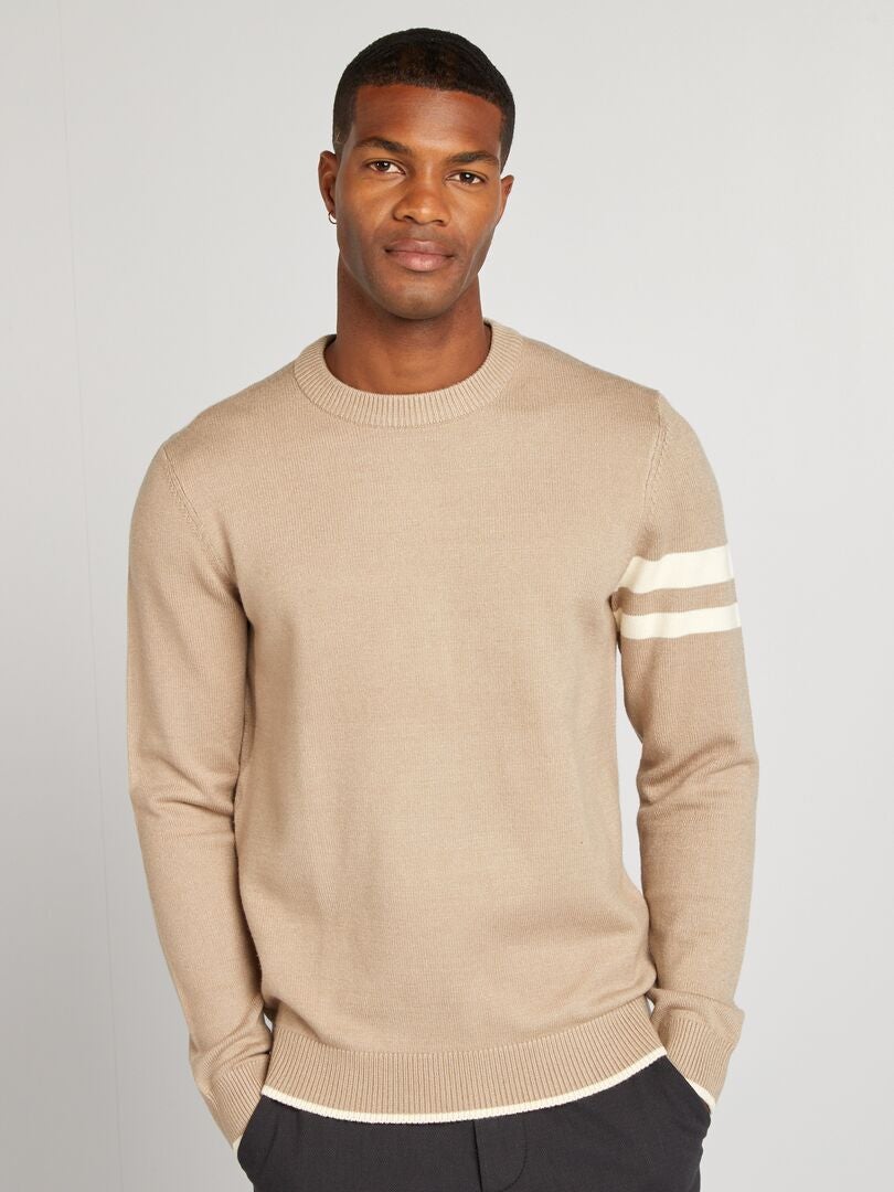 Pull à col rond avec rayures Beige - Kiabi