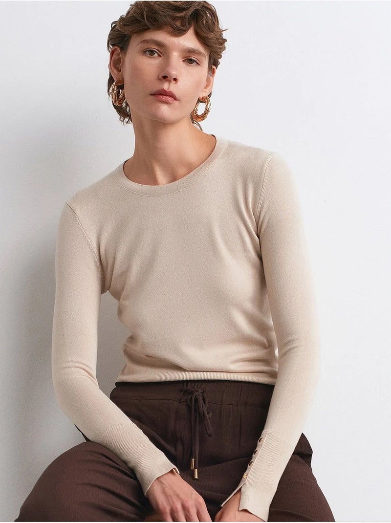 Pull à col rond côtelé, coupe ajustée dilvin Beige argile - Kiabi
