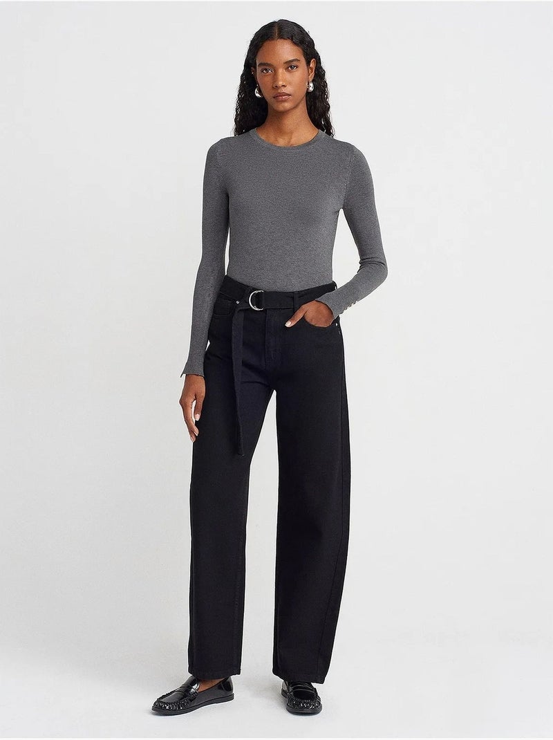 Pull à col rond côtelé, coupe ajustée dilvin Gris Noir - Kiabi