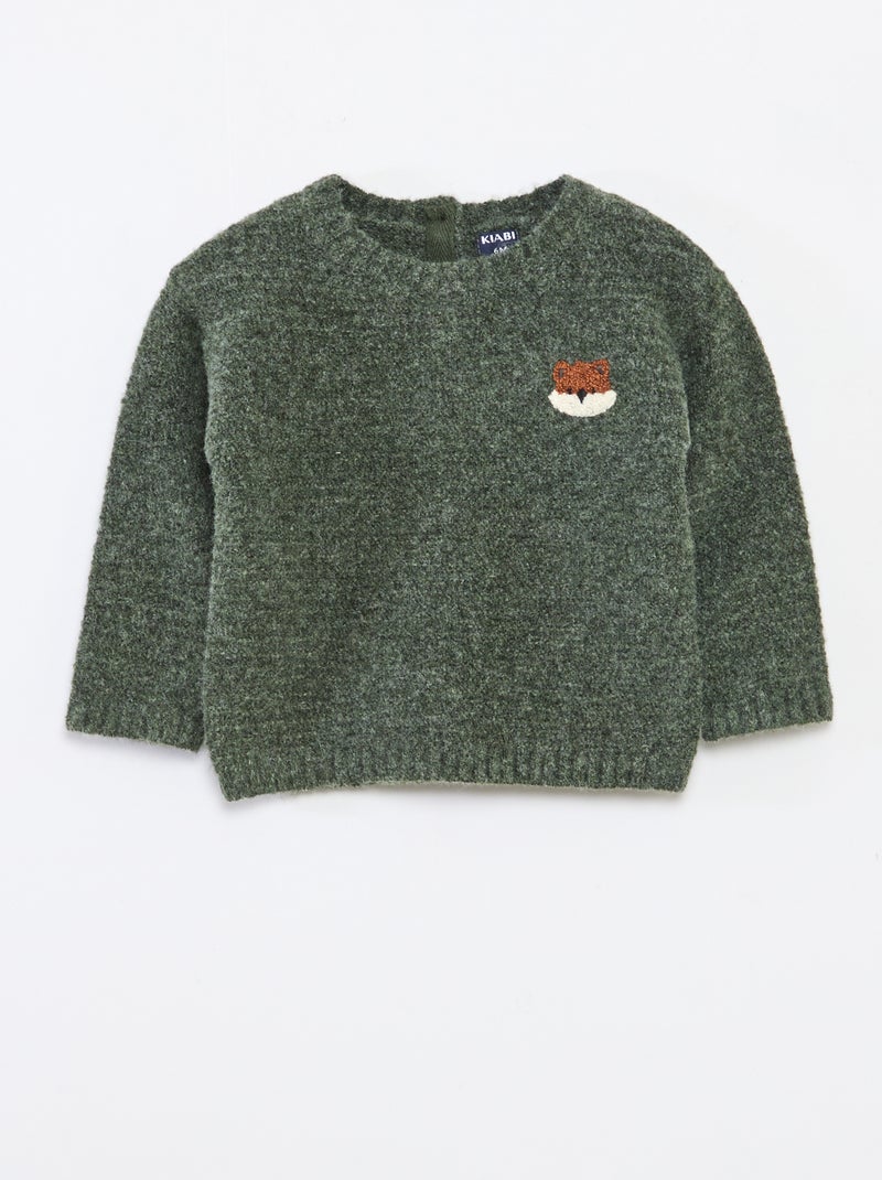 Pull à col rond en maille avec broderies à la poitrine Vert - Kiabi