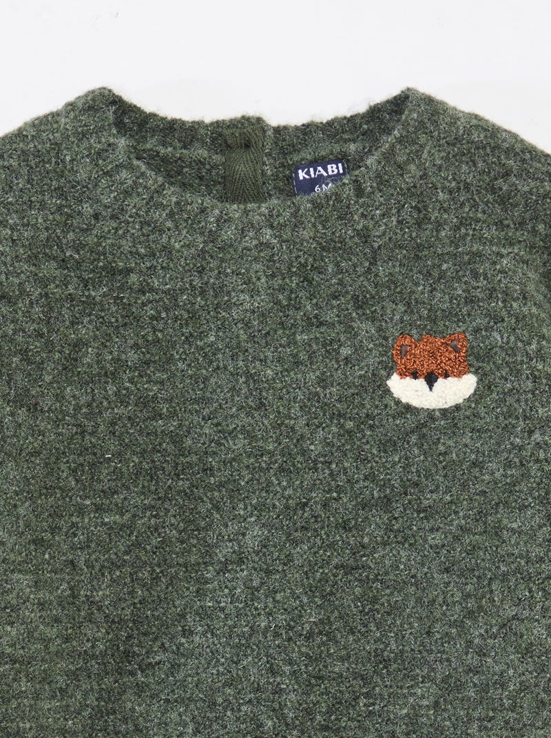 Pull à col rond en maille avec broderies à la poitrine Vert - Kiabi