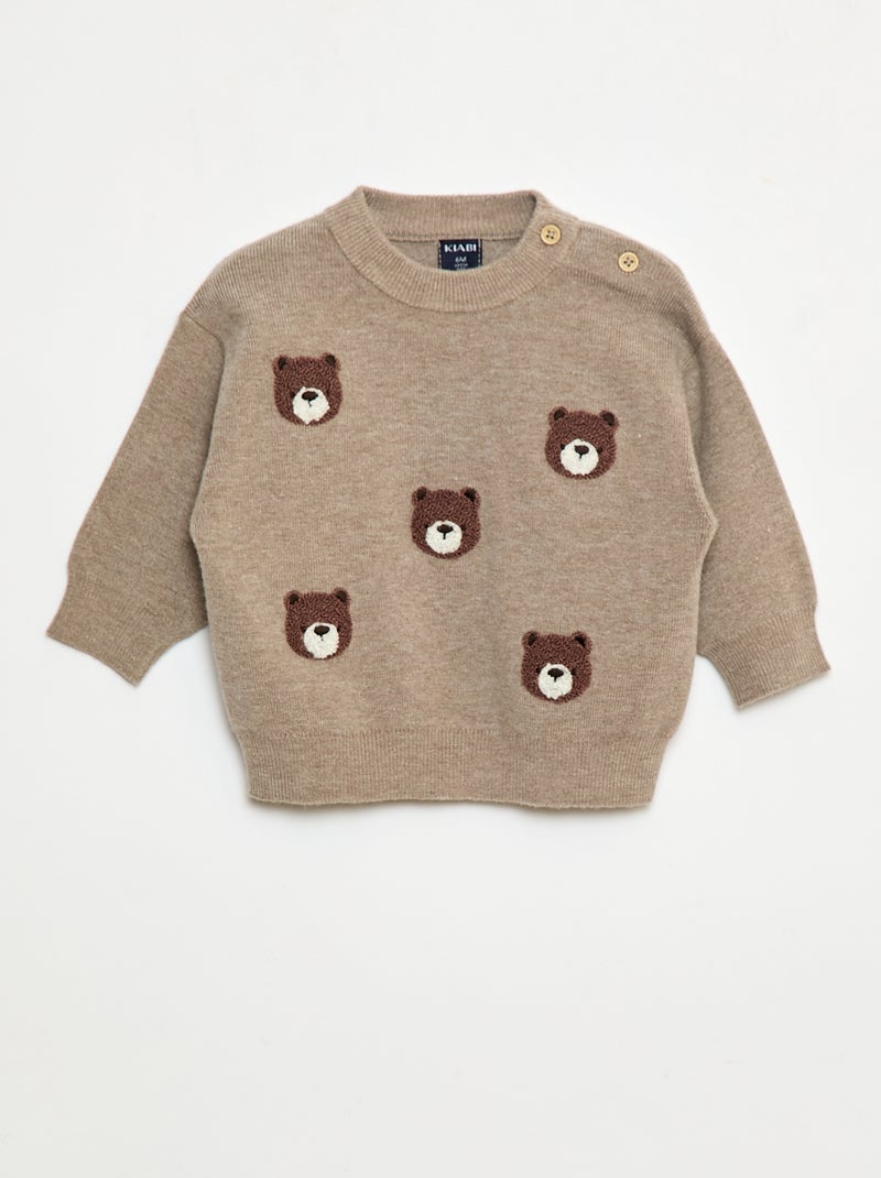 Pull à col rond en maille avec broderies Beige - Kiabi