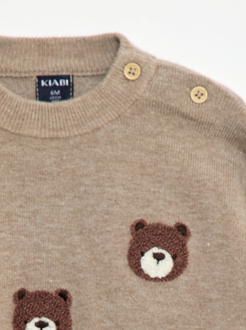 Pull à col rond en maille avec broderies Beige - Kiabi
