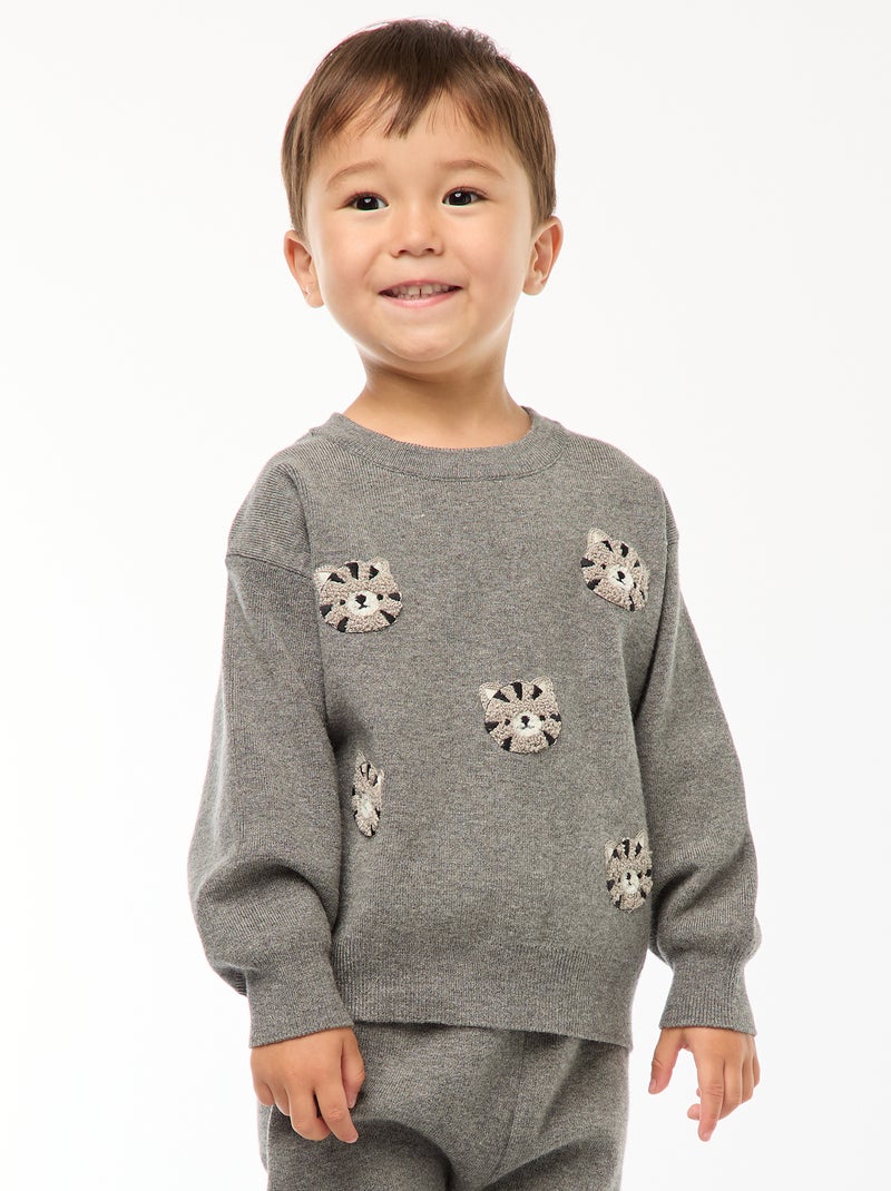 Pull à col rond en maille avec broderies Gris - Kiabi