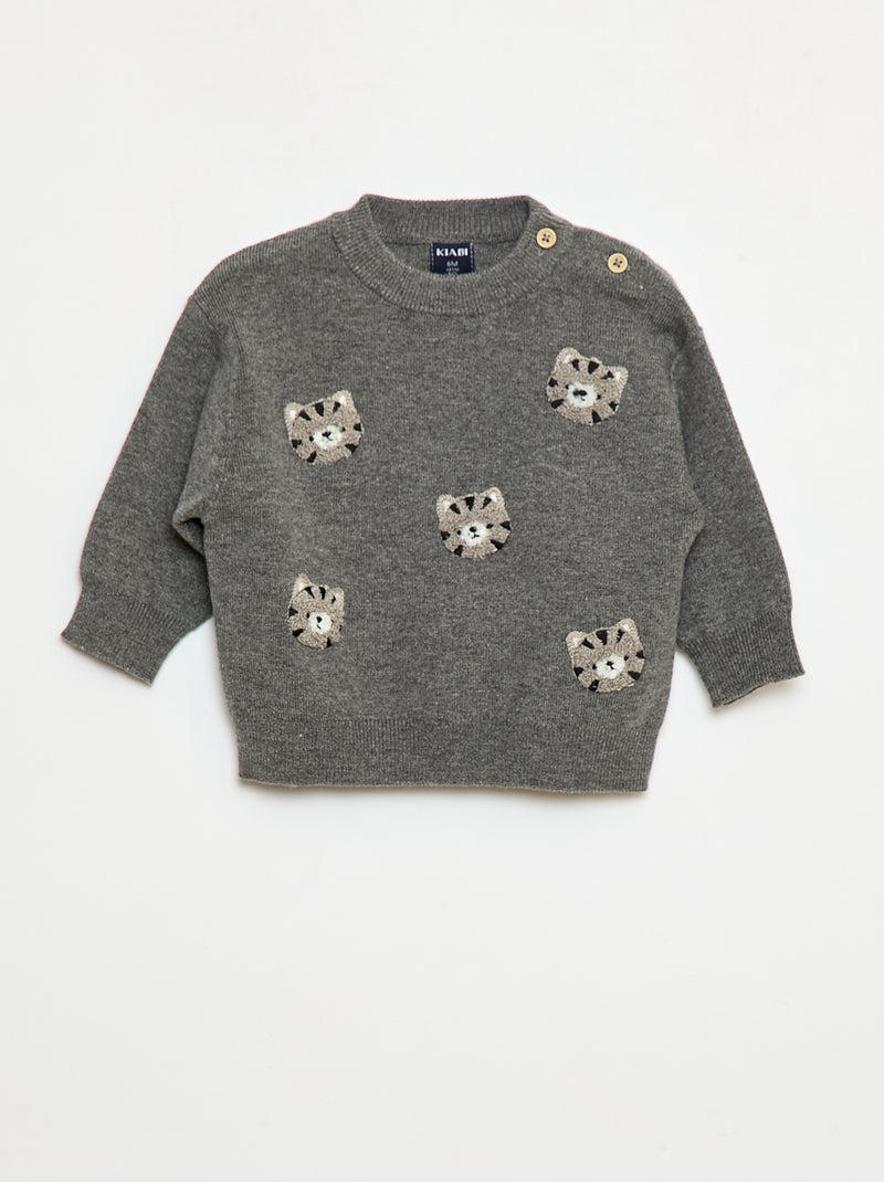 Pull à col rond en maille avec broderies Gris - Kiabi