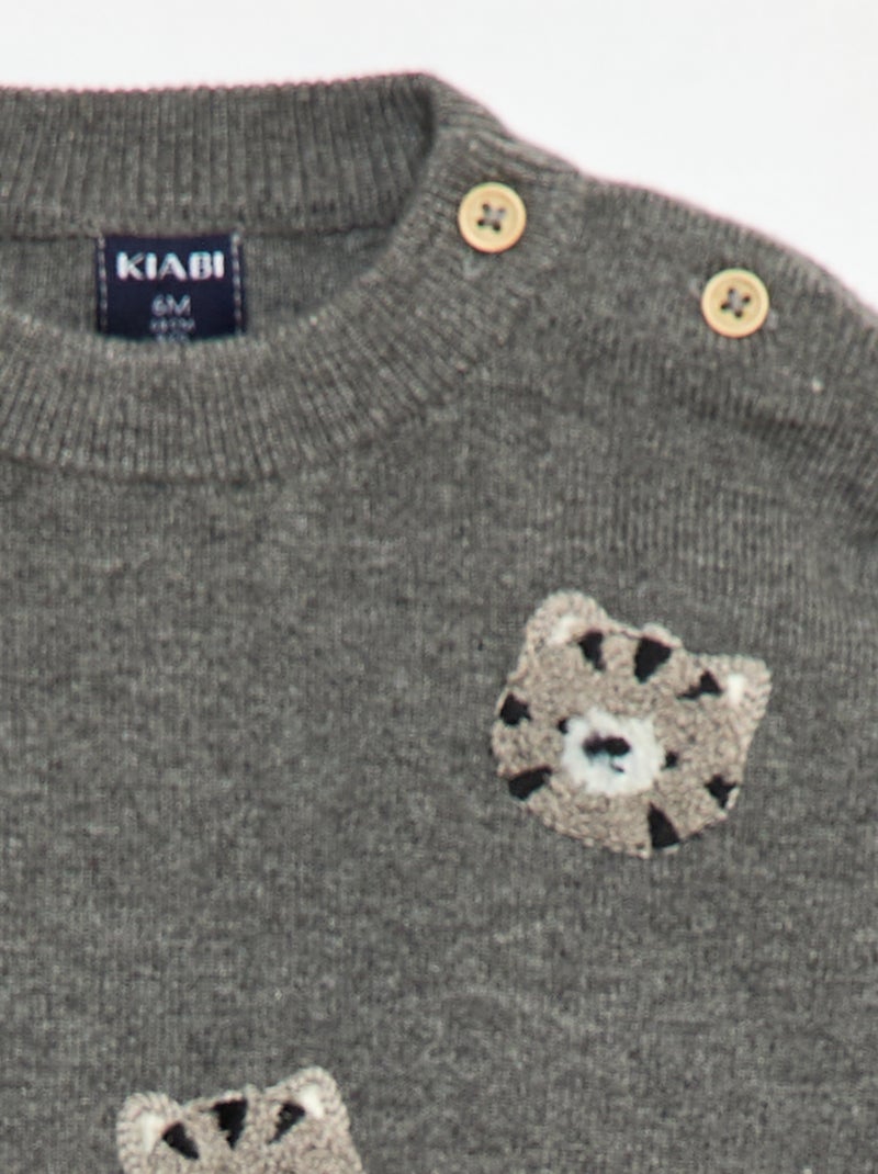Pull à col rond en maille avec broderies Gris - Kiabi