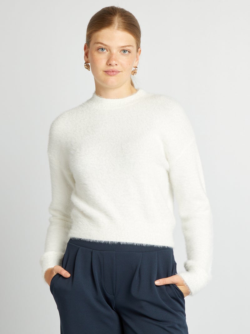 Pull à col rond en maille douce blanc - Kiabi