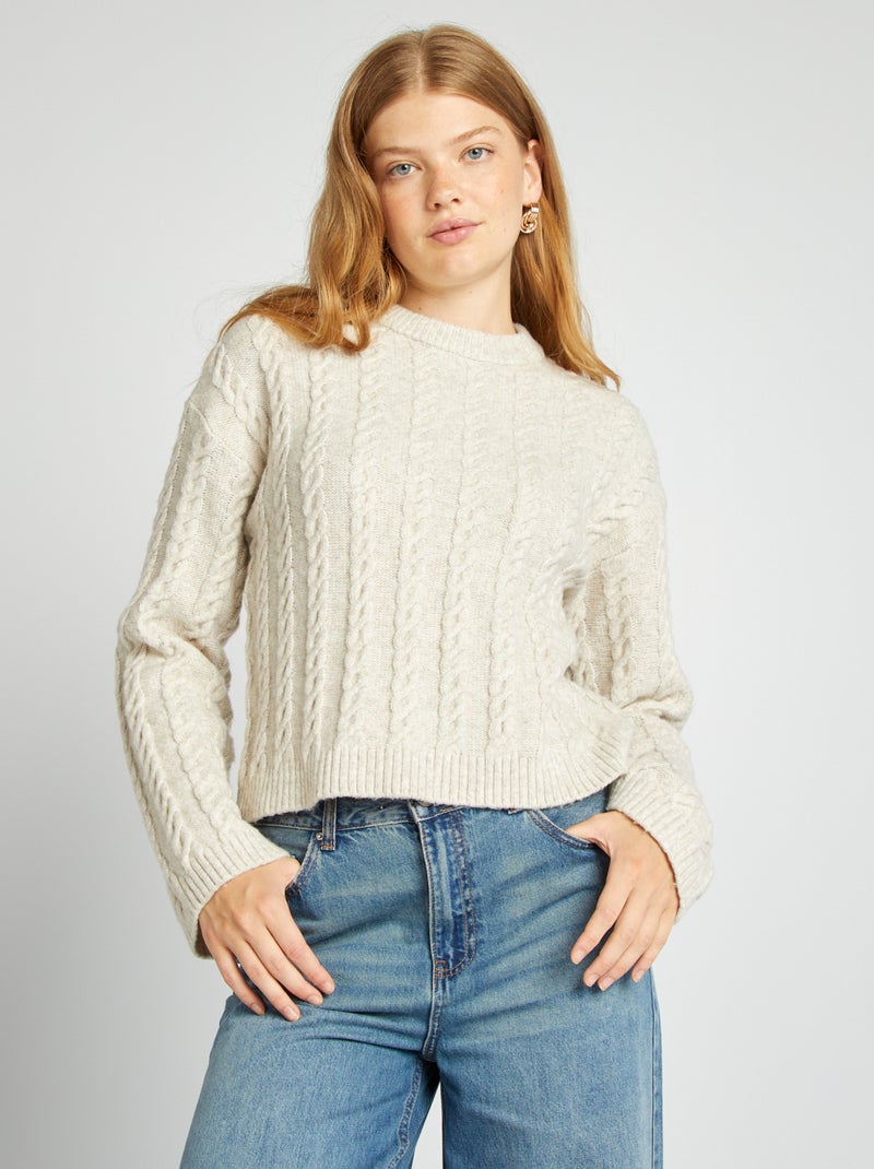 Pull à col rond en maille torsadée Beige - Kiabi