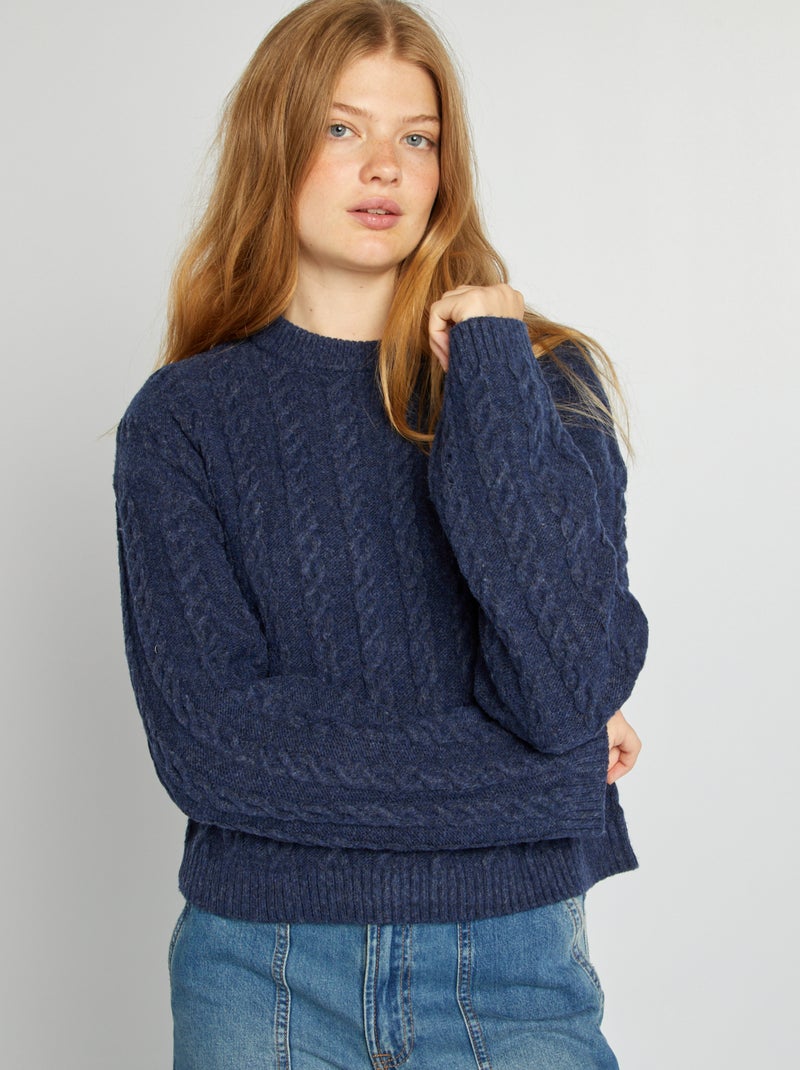 Pull à col rond en maille torsadée Bleu - Kiabi