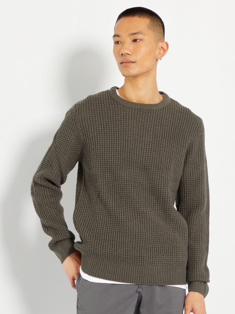 Pull à col rond en tricot kaki - Kiabi