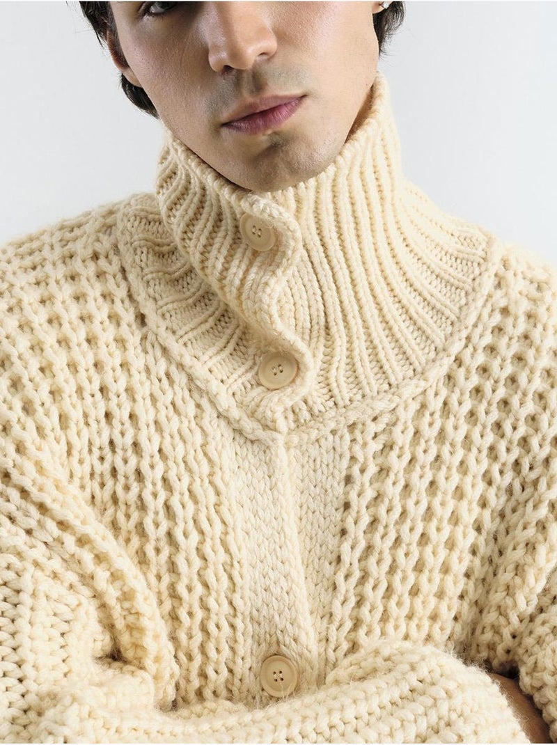 Pull à col roulé côtelé oversize giesto avec fermeture à boutons Ivoire - Kiabi