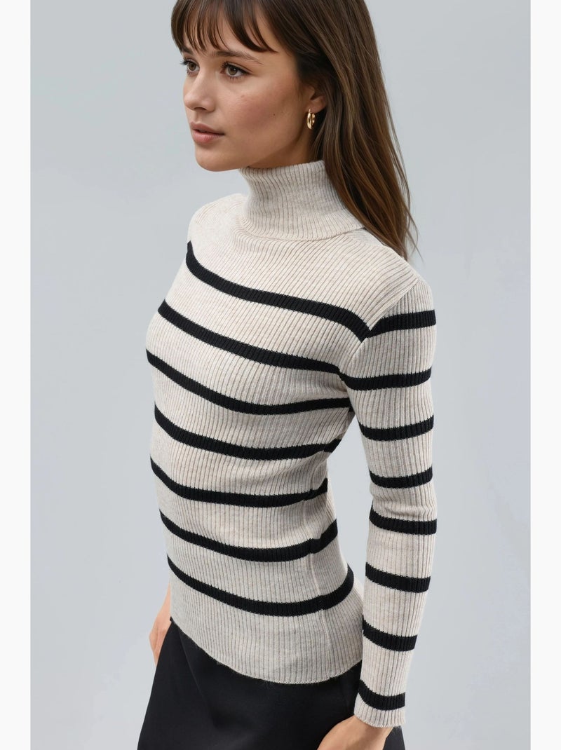 Pull à col roulé côtelé rayé my fashion Beige - Kiabi