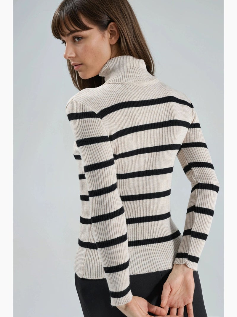 Pull à col roulé côtelé rayé my fashion Beige - Kiabi
