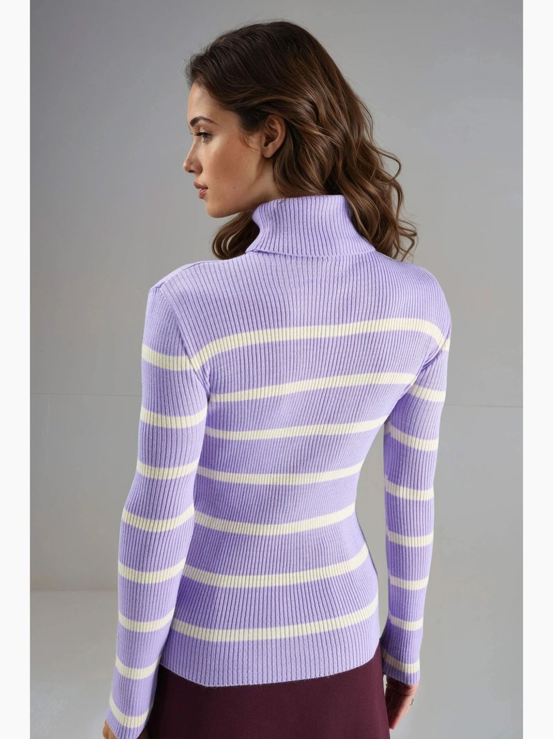 Pull à col roulé côtelé rayé my fashion Lavande - Kiabi