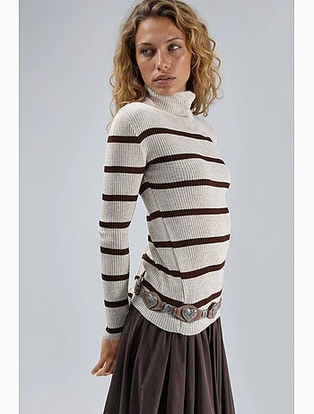 Pull à col roulé côtelé rayé my fashion