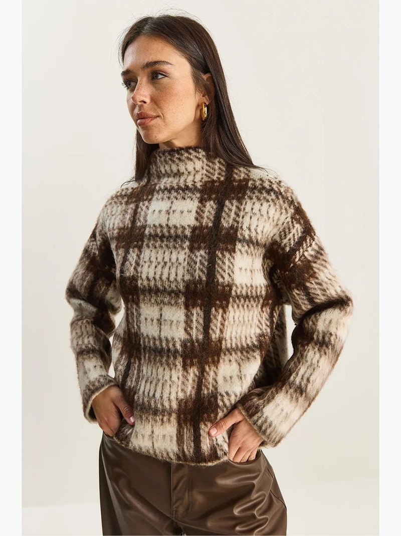 Pull à col roulé court à carreaux épais lucci Beige naturel - Kiabi
