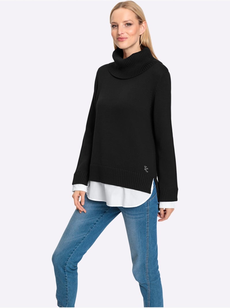 Pull à Col Roulé Empiècement Chemisier Manches Et Ourlet - Taille Standard - Helline Noir - Kiabi