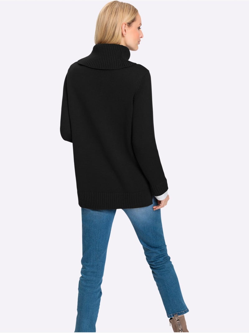 Pull à Col Roulé Empiècement Chemisier Manches Et Ourlet - Taille Standard - Helline Noir - Kiabi